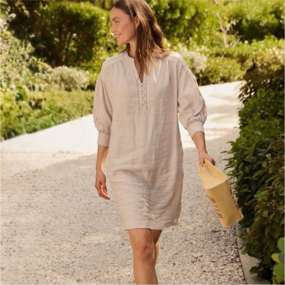 J.McLaughlin Women's XS Nylee Dress Tan 100% Linen 3/4 Sleeve Shift Neutral  NWT